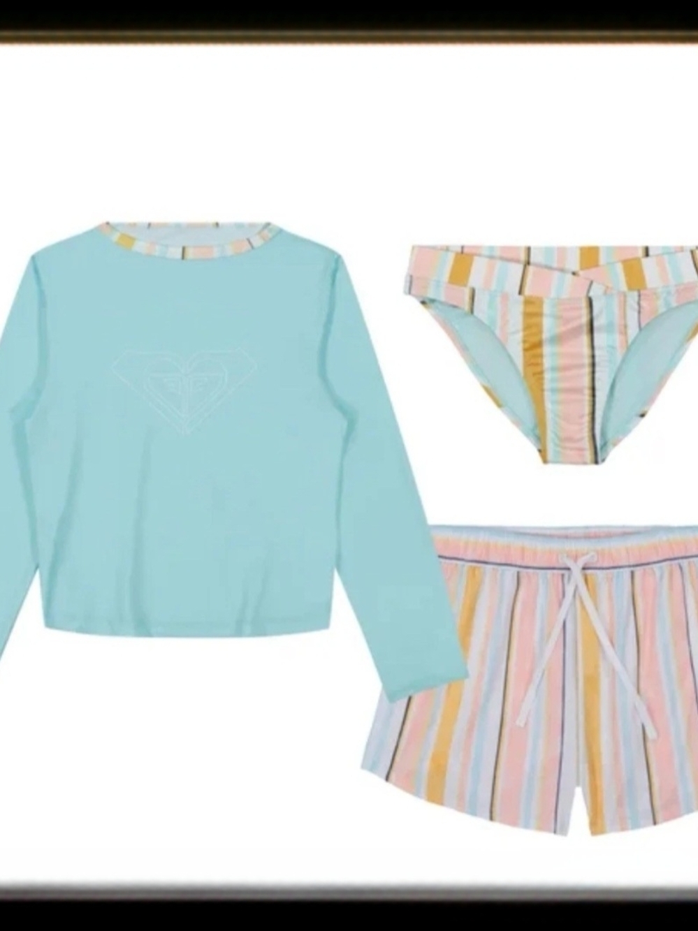 Girls 3 Piece Swimsuit Set XL 18 20 Roxy Long Sleeve Rash Guard Striped Bottoms